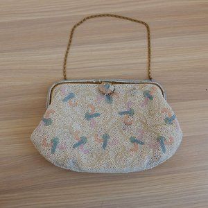 Vintage Josef Bag Womens Clutch Evening Purse Beaded‎ Small Handbag Beige FRANCE